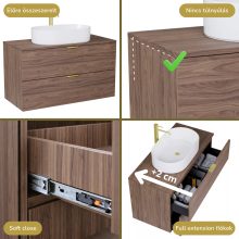 HD Salerno Oak 100 komplett fürdőszoba bútor fali mosdószekrénnyel, szálcsiszolt arany fogantyúkkal, tölgyfa színű mosdópulttal és tükörrel