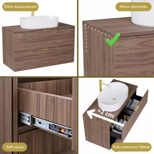 HD Salerno Oak 100 komplett fürdőszoba bútor fali mosdószekrénnyel, szálcsiszolt arany fogantyúkkal, tölgyfa színű mosdópulttal és tükörrel