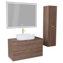 HD Salerno Oak 100 komplett fürdőszoba bútor szett fali mosdószekrénnyel, szálcsiszolt arany fogantyúval, tölgyfa színű mosdópulttal, tükörrel és magasszekrénnyel