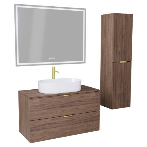 HD Salerno Oak 100 komplett fürdőszoba bútor szett fali mosdószekrénnyel, szálcsiszolt arany fogantyúval, tölgyfa színű mosdópulttal, tükörrel és magasszekrénnyel