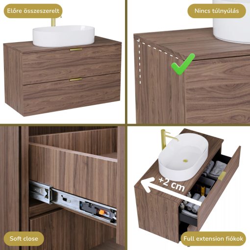 HD Salerno Oak 100 komplett fürdőszoba bútor szett fali mosdószekrénnyel, szálcsiszolt arany fogantyúval, tölgyfa színű mosdópulttal, tükörrel és magasszekrénnyel