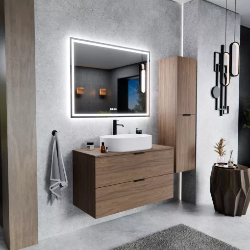 HD Salerno Oak 100/120 fali mosdószekrény tölgyfa színű mosdópulttal és matt fekete fogantyúkkal