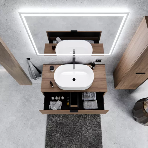 HD Salerno Oak 100/120 fali mosdószekrény tölgyfa színű mosdópulttal és matt fekete fogantyúkkal