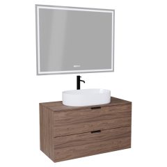   HD Salerno Oak 100/120 komplett fürdőszoba bútor fali mosdószekrénnyel, matt fekete fogantyúkkal, tölgyfa színű mosdópulttal és tükörrel