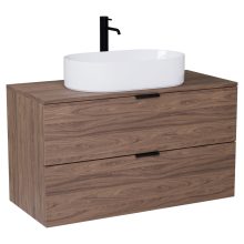 HD Salerno Oak 100/120 komplett fürdőszoba bútor fali mosdószekrénnyel, matt fekete fogantyúkkal, tölgyfa színű mosdópulttal és tükörrel