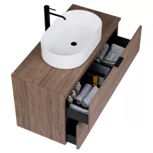 HD Salerno Oak 100/120 komplett fürdőszoba bútor fali mosdószekrénnyel, matt fekete fogantyúkkal, tölgyfa színű mosdópulttal és tükörrel