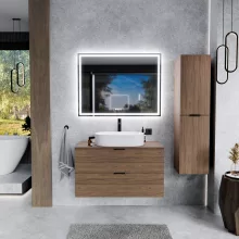HD Salerno Oak 100/120 komplett fürdőszoba bútor fali mosdószekrénnyel, matt fekete fogantyúkkal, tölgyfa színű mosdópulttal és tükörrel