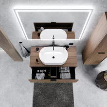 HD Salerno Oak 100/120 komplett fürdőszoba bútor fali mosdószekrénnyel, matt fekete fogantyúkkal, tölgyfa színű mosdópulttal és tükörrel