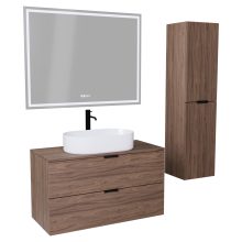 HD Salerno Oak 100/120 komplett fürdőszoba bútor szett fali mosdószekrénnyel, matt fekete fogantyúval, tölgyfa színű mosdópulttal, tükörrel és magasszekrénnyel