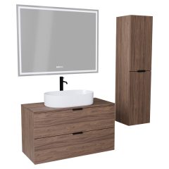   HD Salerno Oak 100/120 komplett fürdőszoba bútor szett fali mosdószekrénnyel, matt fekete fogantyúval, tölgyfa színű mosdópulttal, tükörrel és magasszekrénnyel