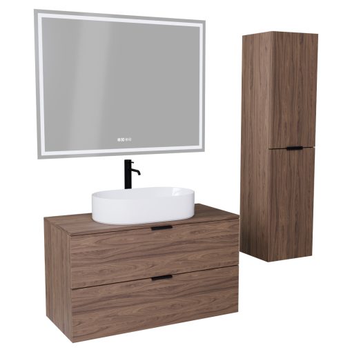 HD Salerno Oak 100/120 komplett fürdőszoba bútor szett fali mosdószekrénnyel, matt fekete fogantyúval, tölgyfa színű mosdópulttal, tükörrel és magasszekrénnyel