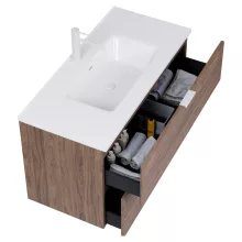 HD Palermo Oak 100 komplett fürdőszoba bútor fali mosdószekrénnyel, matt fehér fogantyúkkal, fényes fehér slim mosdóval és tükörrel