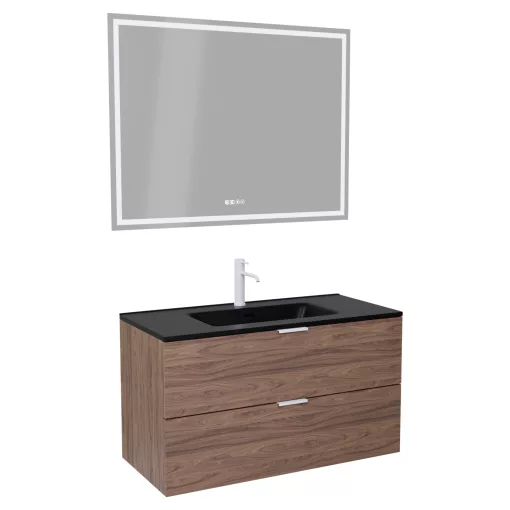 HD Palermo Oak 100 komplett fürdőszoba bútor fali mosdószekrénnyel, matt fehér fogantyúkkal, matt fekete slim mosdóval és tükörrel