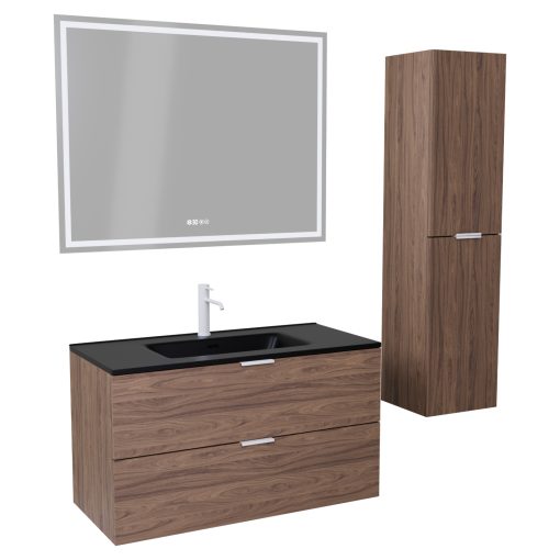 HD Palermo Oak 100 komplett fürdőszoba bútor szett fali mosdószekrénnyel, matt fehér fogantyúkkal, matt fekete slim mosdóval, tükörrel és magasszekrénnyel