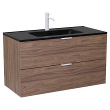 HD Palermo Oak 100 komplett fürdőszoba bútor szett fali mosdószekrénnyel, matt fehér fogantyúkkal, matt fekete slim mosdóval, tükörrel és magasszekrénnyel