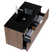 HD Palermo Oak 100 komplett fürdőszoba bútor szett fali mosdószekrénnyel, matt fehér fogantyúkkal, matt fekete slim mosdóval, tükörrel és magasszekrénnyel