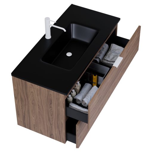 HD Palermo Oak 100 komplett fürdőszoba bútor szett fali mosdószekrénnyel, matt fehér fogantyúkkal, matt fekete slim mosdóval, tükörrel és magasszekrénnyel