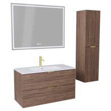 HD Palermo Oak 100 komplett fürdőszoba bútor szett fali mosdószekrénnyel, szálcsiszolt arany fogantyúkkal, fényes fehér slim mosdóval, tükörrel és magasszekrénnyel