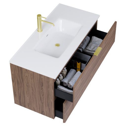 HD Palermo Oak 100 komplett fürdőszoba bútor szett fali mosdószekrénnyel, szálcsiszolt arany fogantyúkkal, fényes fehér slim mosdóval, tükörrel és magasszekrénnyel