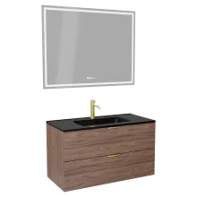 HD Palermo Oak 100 komplett fürdőszoba bútor fali mosdószekrénnyel, szálcsiszolt arany fogantyúkkal, matt fekete slim mosdóval és tükörrel