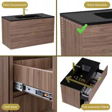 HD Palermo Oak 100 komplett fürdőszoba bútor fali mosdószekrénnyel, szálcsiszolt arany fogantyúkkal, matt fekete slim mosdóval és tükörrel