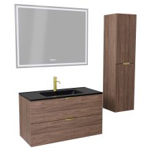 HD Palermo Oak 100 komplett fürdőszoba bútor szett fali mosdószekrénnyel, szálcsiszolt arany fogantyúkkal, matt fekete slim mosdóval, tükörrel és magasszekrénnyel