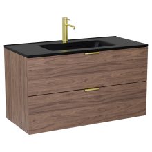 HD Palermo Oak 100 komplett fürdőszoba bútor szett fali mosdószekrénnyel, szálcsiszolt arany fogantyúkkal, matt fekete slim mosdóval, tükörrel és magasszekrénnyel