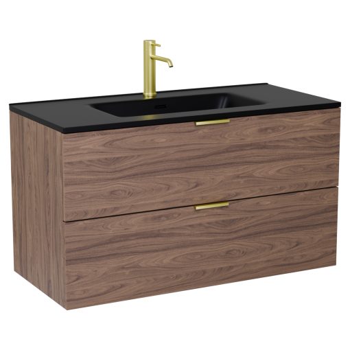 HD Palermo Oak 100 komplett fürdőszoba bútor szett fali mosdószekrénnyel, szálcsiszolt arany fogantyúkkal, matt fekete slim mosdóval, tükörrel és magasszekrénnyel