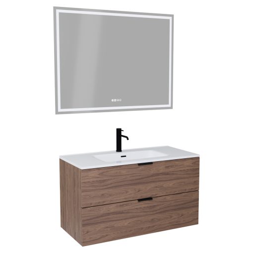 HD Palermo Oak 100 komplett fürdőszoba bútor fali mosdószekrénnyel, matt fekete fogantyúkkal, fényes fehér slim mosdóval és tükörrel