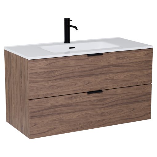 HD Palermo Oak 100 komplett fürdőszoba bútor fali mosdószekrénnyel, matt fekete fogantyúkkal, fényes fehér slim mosdóval és tükörrel