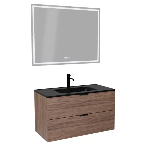 HD Palermo Oak 100 komplett fürdőszoba bútor fali mosdószekrénnyel, matt fekete fogantyúkkal, matt fekete slim mosdóval és tükörrel