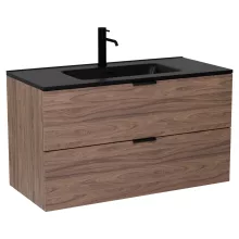 HD Palermo Oak 100 komplett fürdőszoba bútor fali mosdószekrénnyel, matt fekete fogantyúkkal, matt fekete slim mosdóval és tükörrel