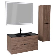 HD Palermo Oak 100 komplett fürdőszoba bútor szett fali mosdószekrénnyel, matt fekete fogantyúkkal, matt fekete slim mosdóval, tükörrel és magasszekrénnyel