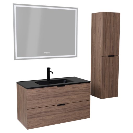 HD Palermo Oak 100 komplett fürdőszoba bútor szett fali mosdószekrénnyel, matt fekete fogantyúkkal, matt fekete slim mosdóval, tükörrel és magasszekrénnyel