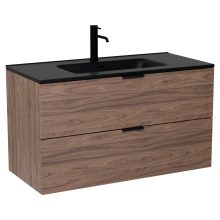 HD Palermo Oak 100 komplett fürdőszoba bútor szett fali mosdószekrénnyel, matt fekete fogantyúkkal, matt fekete slim mosdóval, tükörrel és magasszekrénnyel