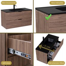 HD Palermo Oak 100 komplett fürdőszoba bútor szett fali mosdószekrénnyel, matt fekete fogantyúkkal, matt fekete slim mosdóval, tükörrel és magasszekrénnyel