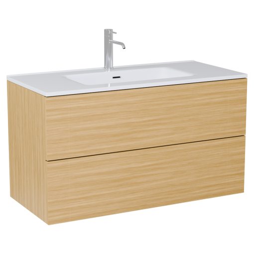 HD Aria Pro Hickory 100 fali mosdószekrény, push-to-open mechanizmussal, fényes fehér slim mosdóval