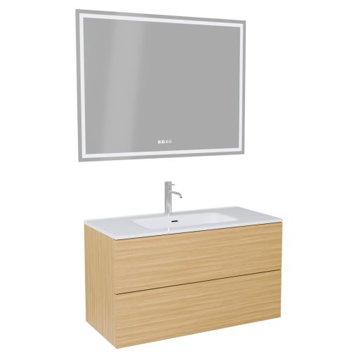 HD Aria Pro Hickory 100 komplett fürdőszoba bútor fali push-to-open mosdószekrénnyel, fényes fehér slim mosdóval és tükörrel