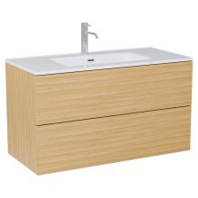 HD Aria Pro Hickory 100 komplett fürdőszoba bútor fali push-to-open mosdószekrénnyel, fényes fehér slim mosdóval és tükörrel