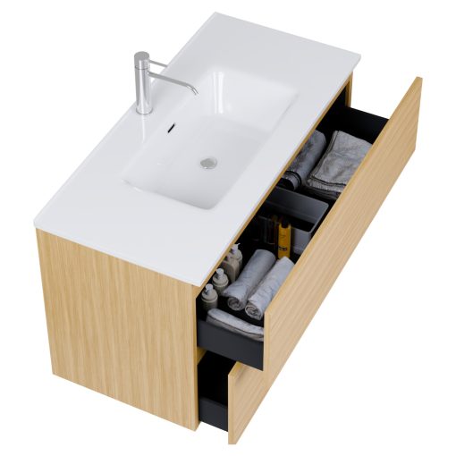 HD Aria Pro Hickory 100 komplett fürdőszoba bútor fali push-to-open mosdószekrénnyel, fényes fehér slim mosdóval és tükörrel