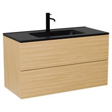 HD Aria Pro Hickory 100 fali mosdószekrény, push-to-open mechanizmussal, matt fekete slim mosdóval