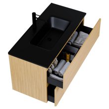 HD Aria Pro Hickory 100 fali mosdószekrény, push-to-open mechanizmussal, matt fekete slim mosdóval