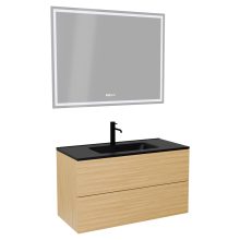 HD Aria Pro Hickory 100 komplett fürdőszoba bútor fali push-to-open mosdószekrénnyel, matt fekete slim mosdóval és tükörrel