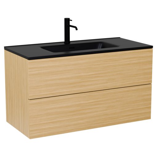 HD Aria Pro Hickory 100 komplett fürdőszoba bútor fali push-to-open mosdószekrénnyel, matt fekete slim mosdóval és tükörrel