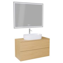 HD Zyra Pro Hickory 100 komplett fürdőszoba bútor fali push-to-open mosdószekrénnyel, hikoridió színű mosdópulttal és tükörrel