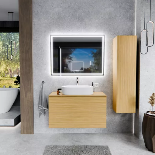 HD Zyra Pro Hickory 100 komplett fürdőszoba bútor fali push-to-open mosdószekrénnyel, hikoridió színű mosdópulttal és tükörrel