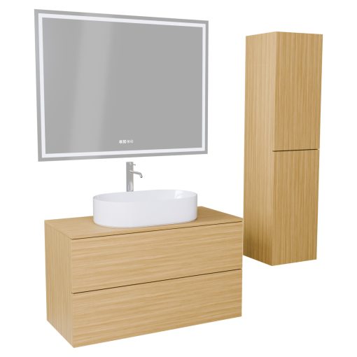 HD Zyra Pro Hickory 100 komplett fürdőszoba bútor szett fali push-to-open mosdószekrénnyel, hikoridió színű mosdópulttal, tükörrel és magas szekrénnyel