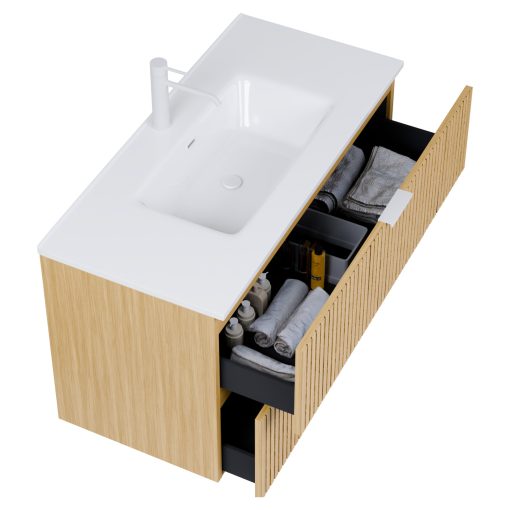 HD Parma Hickory 100 komplett fürdőszoba bútor fali mosdószekrénnyel, matt fehér fogantyúkkal, fényes fehér slim mosdóval és tükörrel