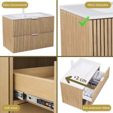 HD Parma Hickory 100 komplett fürdőszoba bútor szett fali mosdószekrénnyel, matt fehér fogantyúkkal, fényes fehér slim mosdóval, tükörrel és magasszekrénnyel