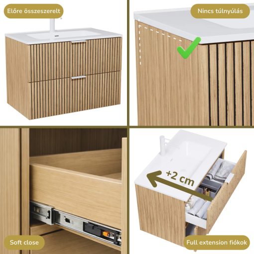 HD Parma Hickory 100 komplett fürdőszoba bútor szett fali mosdószekrénnyel, matt fehér fogantyúkkal, fényes fehér slim mosdóval, tükörrel és magasszekrénnyel